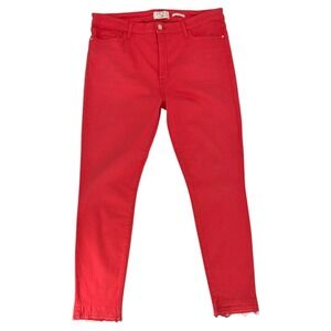 7 For All Mankind JEN7 Coral Red Ankle Skinny‎ Jeans Raw Hem Size 16